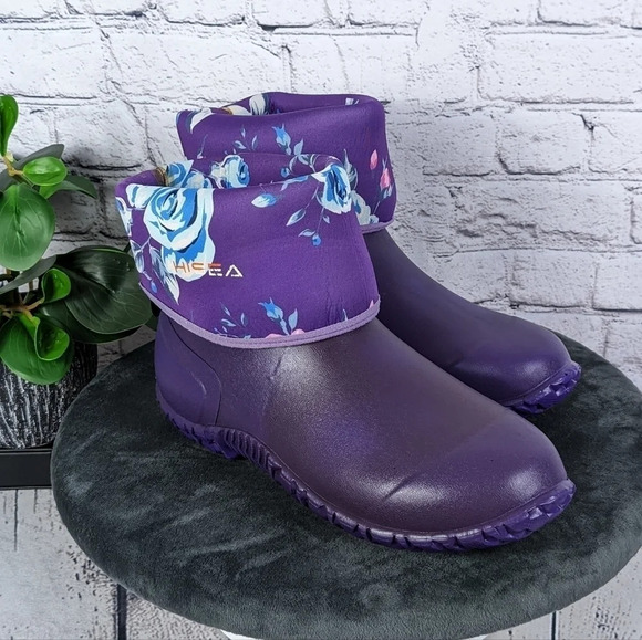 Wet weather rubber boots, rain, gardening, neoprene roll down purple floral 10 - Picture 12 of 15